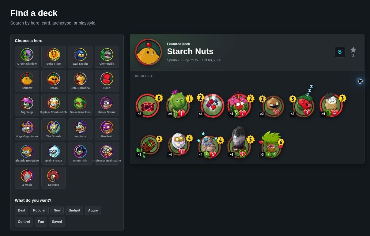 PvZH Vault: searchable deck database, hero selection, and a featured deck with card artwork