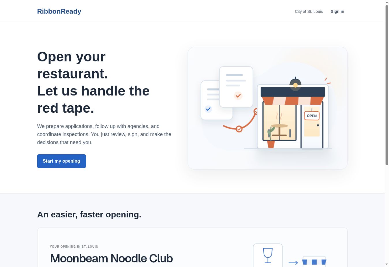 RibbonReady's live homepage, with restaurant opening services and an example opening