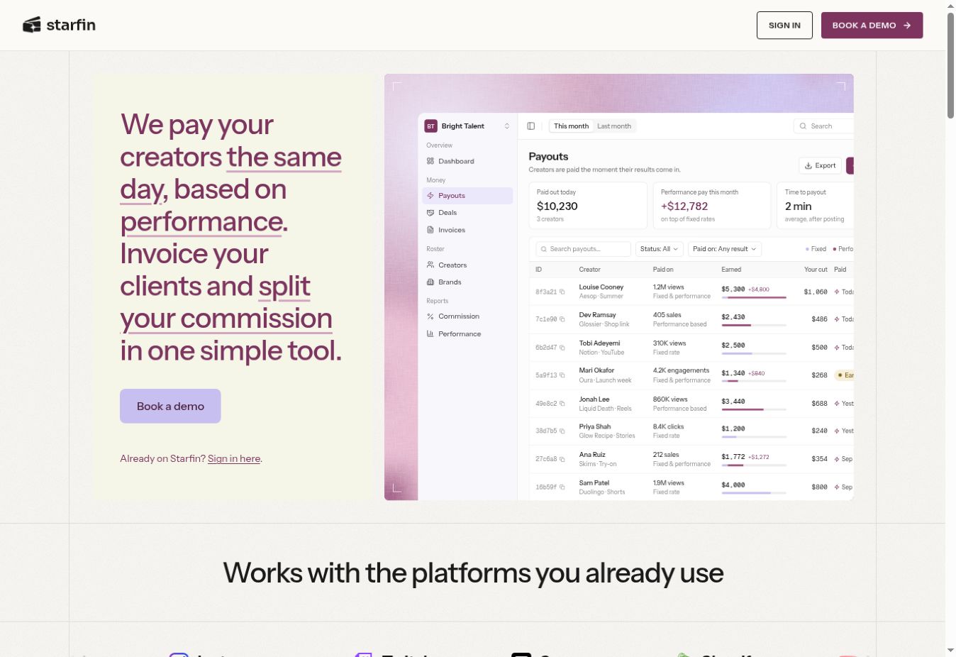 Starfin's live homepage showing its creator payout product preview